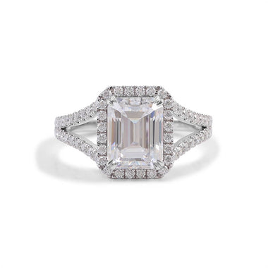 Emerald Cut Moissanite Halo Pave Split Band White Gold Ring