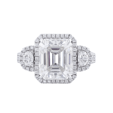 Emerald with Two Round Side Stones Pave Milgrain Yellow Gold Ring