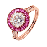 Round Cut White Moissanite with Trapezoid Pink Moissanite Halo with Milgrain and Side Stones Rose Gold Ring