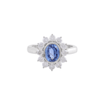 Oval Cut Blue Sapphire Gemstone with White Round Cut Moissanite White Gold Ring