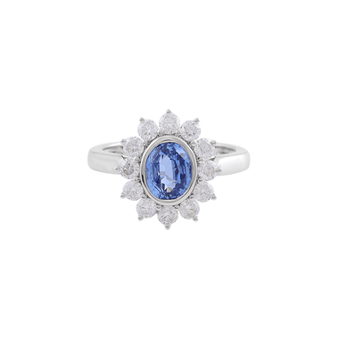 Oval Cut Blue Sapphire Gemstone with White Round Cut Moissanite White Gold Ring