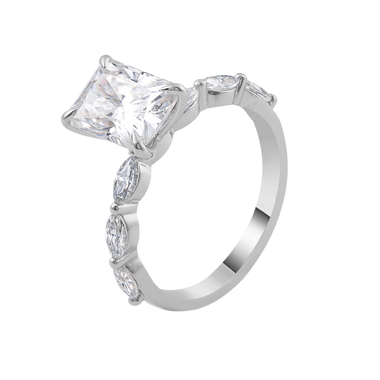 Radiant Cut Moissanite with Marquise Side Stones White Gold Ring