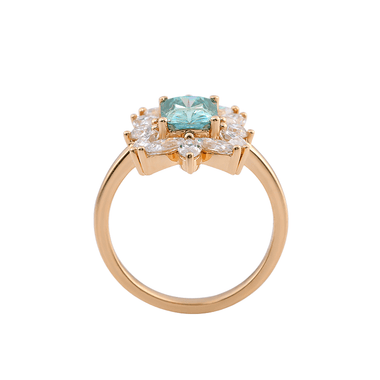 Radiant Cut Blue-Green Moissanite with Marquise and Round Side Stones Yellow Gold Ring