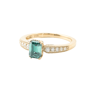 Emerald Cut Green Emerald Gemstone with Round White Accent Moissanite Stones Yellow Gold Ring