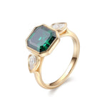 Green Asscher Cut Moissanite with Pear Cut White Moissanite Side Stones Bezel Yellow Gold Ring