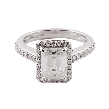 Emerald Cut Moissanite Halo Pave White Gold Ring