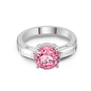 Pink Round Cut Sapphire with Two White Radiant Cut Moissanite White Gold Ring