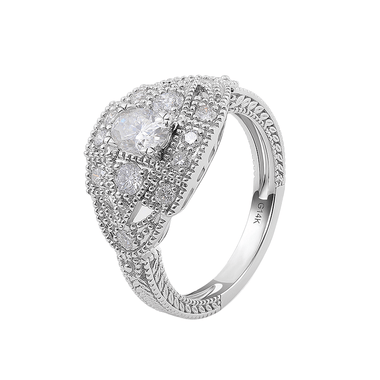 Oval Cut Moissanite with Round Side Stones Milgrain White Gold Ring