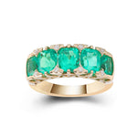 Five Cushion Cut Green Emerald with Round White Moissanite Yellow Gold Ring