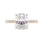 Cushion Cut Moissanite Hidden Halo Pavé Yellow and White Gold Ring