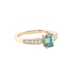 Emerald Cut Green Emerald Gemstone with Round White Accent Moissanite Stones Yellow Gold Ring