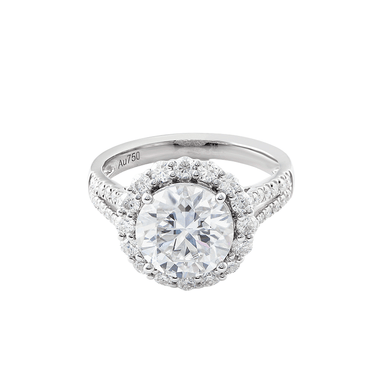 Round Brilliant Cut Moissanite Halo Split Pavé Platinum Ring