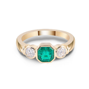 Asscher Green Emerald with Two White Moissanite Yellow Gold Ring