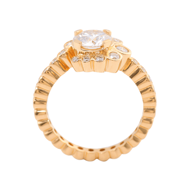 Round Brilliant Cut Moissanite with Round Moissanite Halo Eternity Band Yellow Gold Ring