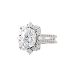 Oval Cut Moissanite with Round and Marquise Accent Stones Double Pavé Band White Gold Ring