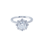 Round Brilliant Cut Moissanite Halo Flower Design Pavé White Gold Ring