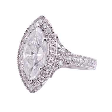 Marquise Cut Moissanite Halo Ring with White Gold Milgrain Pavé Band