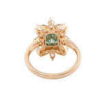 Radiant Cut Blue-Green Moissanite with Marquise and Round Side Stones Yellow Gold Ring