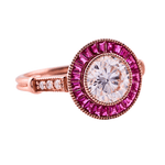 Round Cut White Moissanite with Trapezoid Pink Moissanite Halo with Milgrain and Side Stones Rose Gold Ring