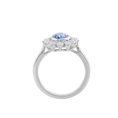 Oval Cut Blue Sapphire Gemstone with White Round Cut Moissanite White Gold Ring