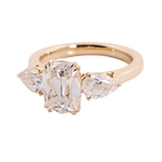 OMC Cushion Cut Moissanite with Pear Cut Side Stones Yellow Gold Ring