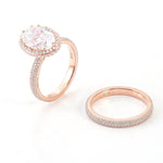 Oval Cut Moissanite Halo Triple Pavé Rose Gold Ring with Eternity Band