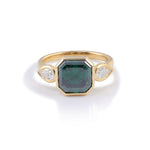 Green Asscher Cut Moissanite with Pear Cut White Moissanite Side Stones Bezel Yellow Gold Ring