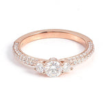 Round Cut Moissanite with Round Side Stones Triple Pave Rose Gold Ring 