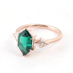 Hexagon Green Emerald with White Moissanite Side Stones Yellow Gold Ring