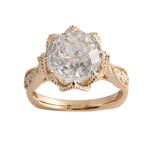 Round Brilliant Cut Moissanite with Accent Stones and Milgrain Yellow Gold Ring