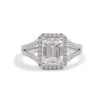 Emerald Cut Moissanite Halo Pave Split Band White Gold Ring 