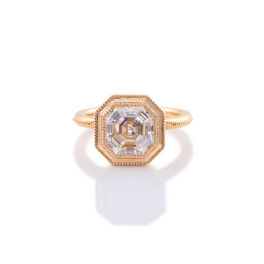 Asscher Cut Moissanite Milgrain Bezel Yellow Gold Solitaire Ring