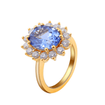 Oval Cut Lab Grown Blue Sapphire with Small Round White Moissanite Yellow Gold Ring