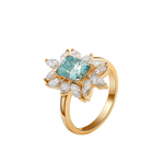 Radiant Cut Blue-Green Moissanite with Marquise and Round Side Stones Yellow Gold Ring