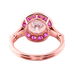 Round Cut White Moissanite with Trapezoid Pink Moissanite Halo with Milgrain and Side Stones Rose Gold Ring