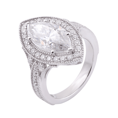 Marquise Cut Moissanite Halo Ring with White Gold Milgrain Pavé Band