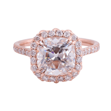 OMC Cushion Cut Moissanite Halo Pavé Rose Gold Ring