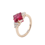 Princess Cut Ruby with Round White Moissanite Stones Yellow Gold Ring