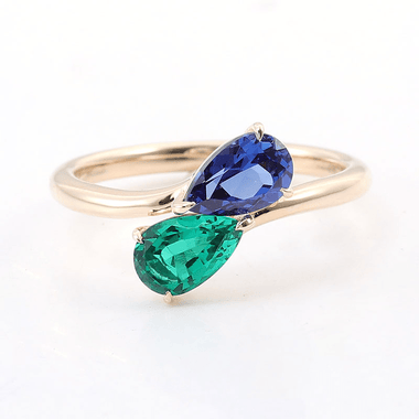 Pear Cut Blue Sapphire with Pear Cut Green Emerald Toi et Moi Yellow Gold Ring