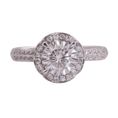 Round Brilliant Cut Diamond with Halo and Hidden Halo, Pave Band White Gold Ring