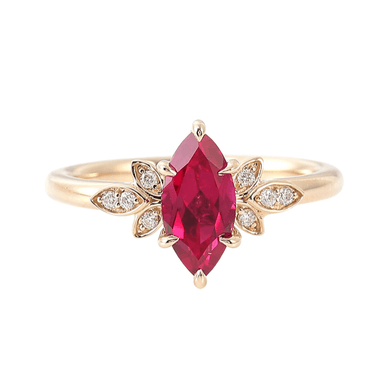 Marquise Cut Ruby Gemstone with White Round Moissanite Accent Stones Yellow Gold Ring