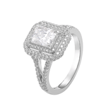 Radiant Cut Moissanite Split Shank Band Halo Pavé White Gold Ring