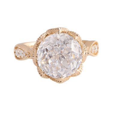 Round Brilliant Cut Moissanite with Accent Stones and Milgrain Yellow Gold Ring