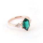 Hexagon Green Emerald with White Moissanite Side Stones Yellow Gold Ring