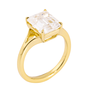 Emerald Cut Moissanite Split Shank Band Yellow Gold Solitaire Ring