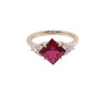 Princess Cut Ruby with Round White Moissanite Stones Yellow Gold Ring