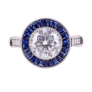 Round Cut White Moissanite with Trapezoid Blue Moissanite Halo with Milgrain and Side Stones White Gold Ring