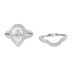 Pear Cut Moissanite Halo with Split Pavé Platinum Ring with Pavé Platinum Band Set