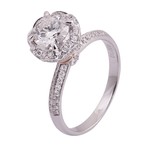 Round Brilliant Cut Diamond with Halo and Hidden Halo, Pave Band White Gold Ring