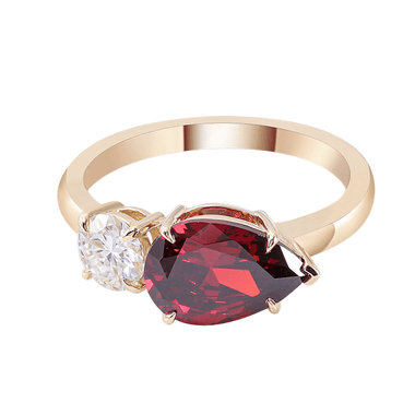 Pear Cut Lab Grown Ruby with Round Cut White Moissanite Toi et Moi Yellow Gold Ring